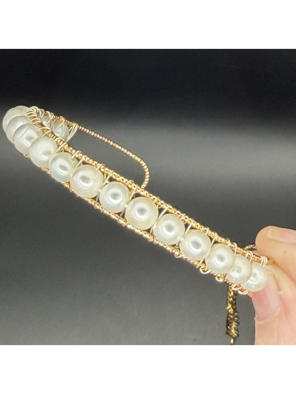 White Freshwater Pearl Gold Tone Bangle Cuff Bracelet with Chain Extender